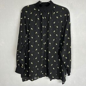 Cabi size L tunic top black chiffon embroidered floral high neck see though 5338